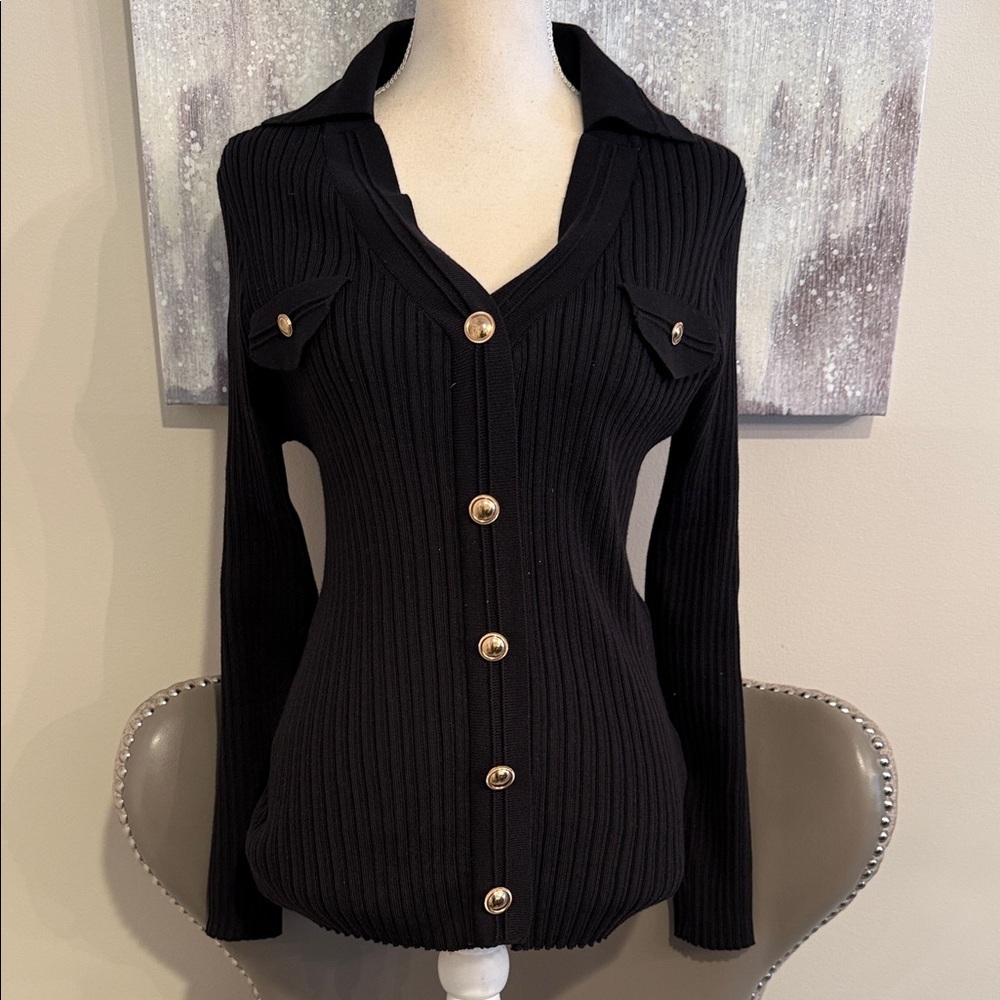 Nanette LePore Black Ribbed Button-Up Sweater Size XL